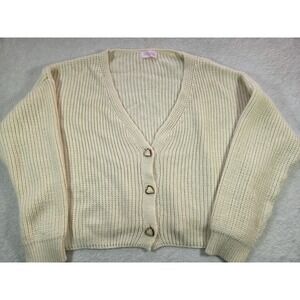 Pink Lily Cream Cropped Knit Cardigan Gold Heart Buttons Coquette Small